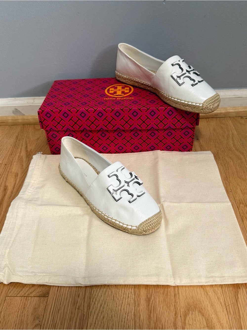 Tory Burch Ines White Leather Espadrilles Loafer Shoes NEW 7